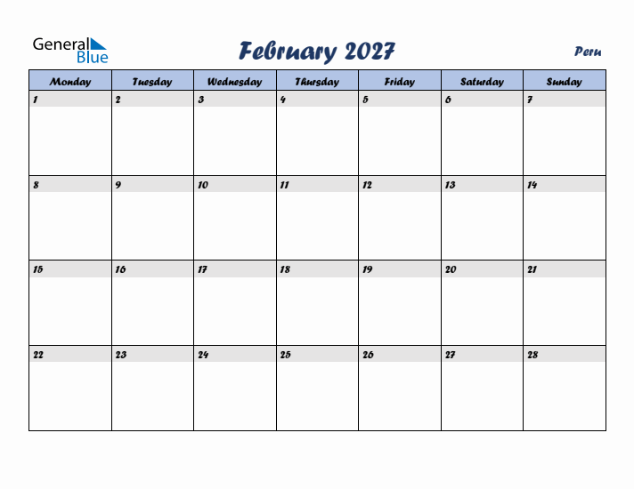 February 2027 Calendar with Holidays in Peru