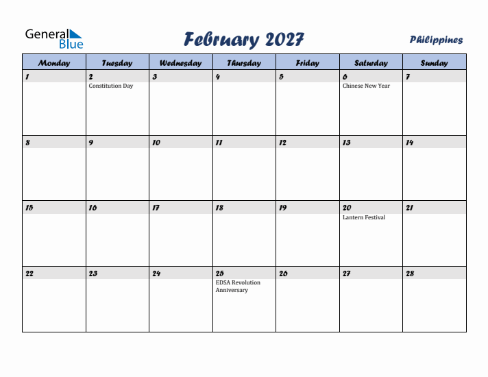 February 2027 Calendar with Holidays in Philippines