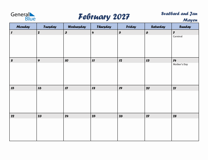 February 2027 Calendar with Holidays in Svalbard and Jan Mayen