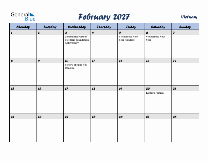 February 2027 Calendar with Holidays in Vietnam