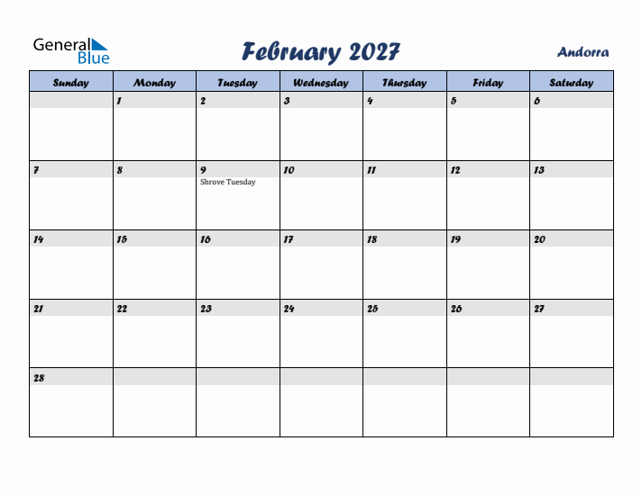 February 2027 Calendar with Holidays in Andorra