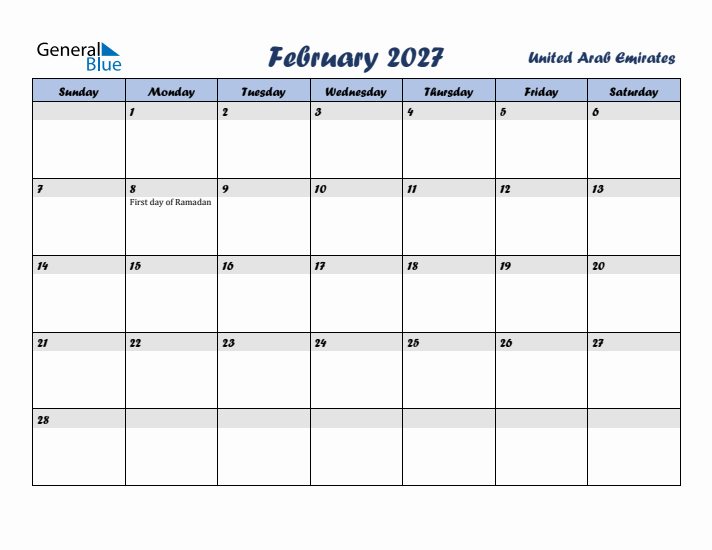February 2027 Calendar with Holidays in United Arab Emirates