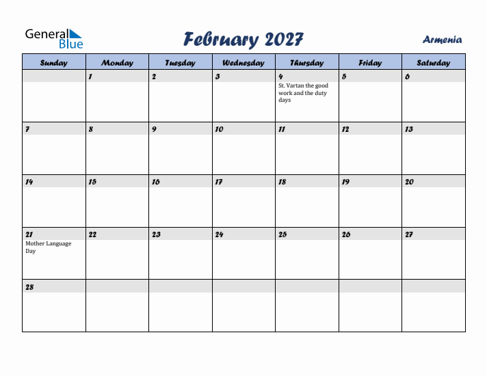 February 2027 Calendar with Holidays in Armenia
