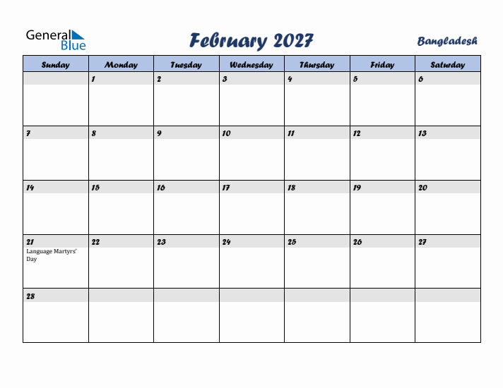 February 2027 Calendar with Holidays in Bangladesh
