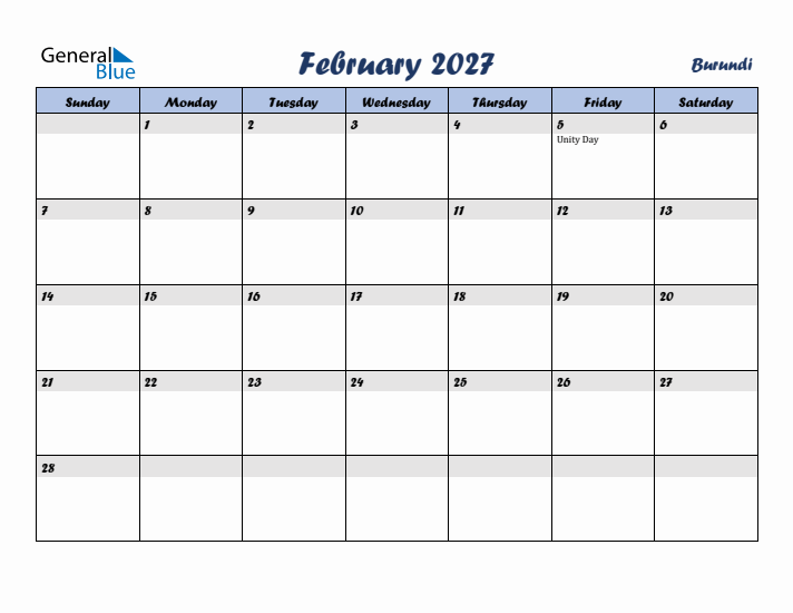 February 2027 Calendar with Holidays in Burundi
