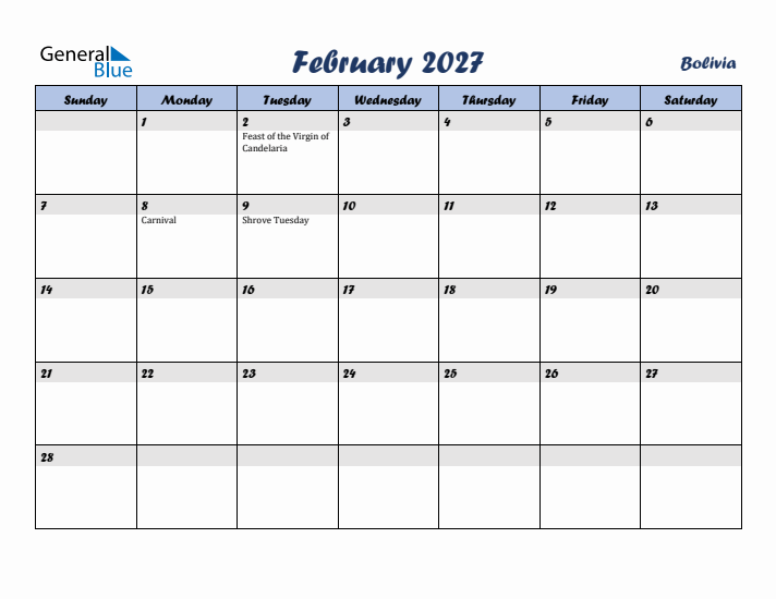 February 2027 Calendar with Holidays in Bolivia