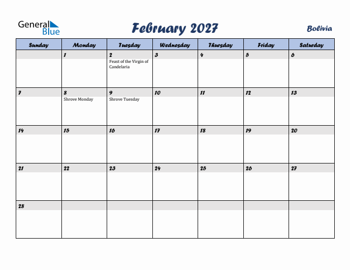 February 2027 Calendar with Holidays in Bolivia