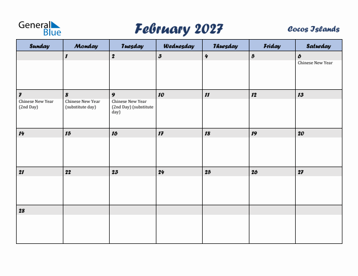 February 2027 Calendar with Holidays in Cocos Islands