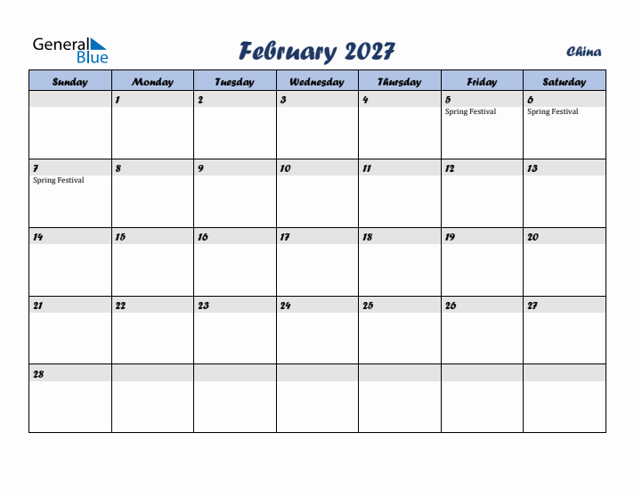 February 2027 Calendar with Holidays in China