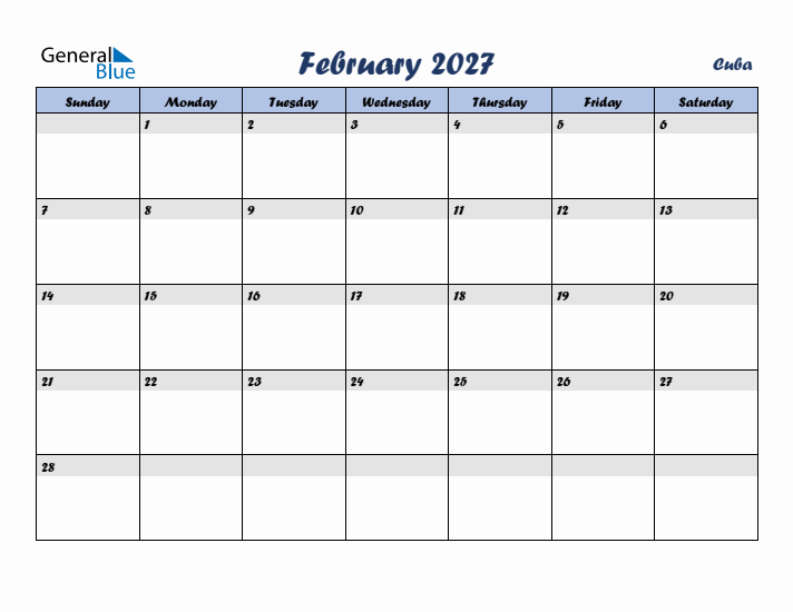 February 2027 Calendar with Holidays in Cuba