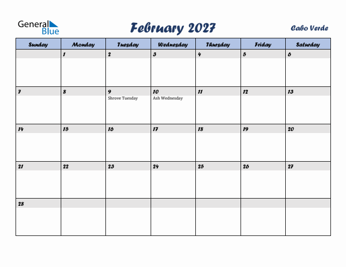 February 2027 Calendar with Holidays in Cabo Verde