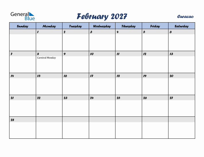 February 2027 Calendar with Holidays in Curacao
