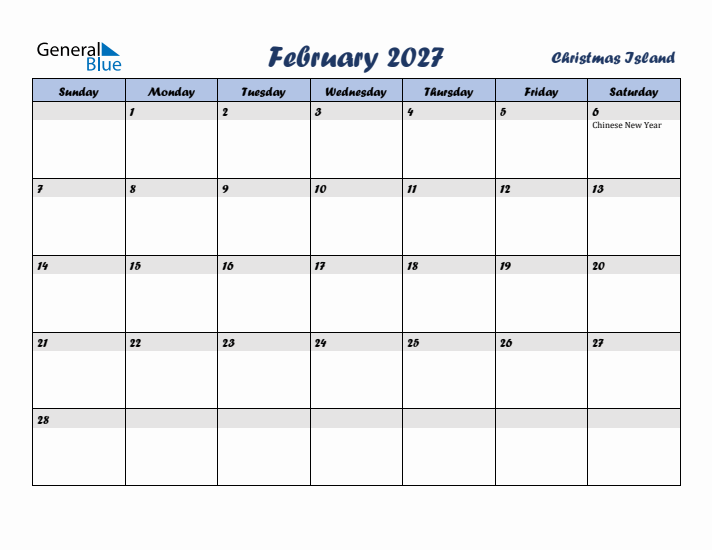 February 2027 Calendar with Holidays in Christmas Island