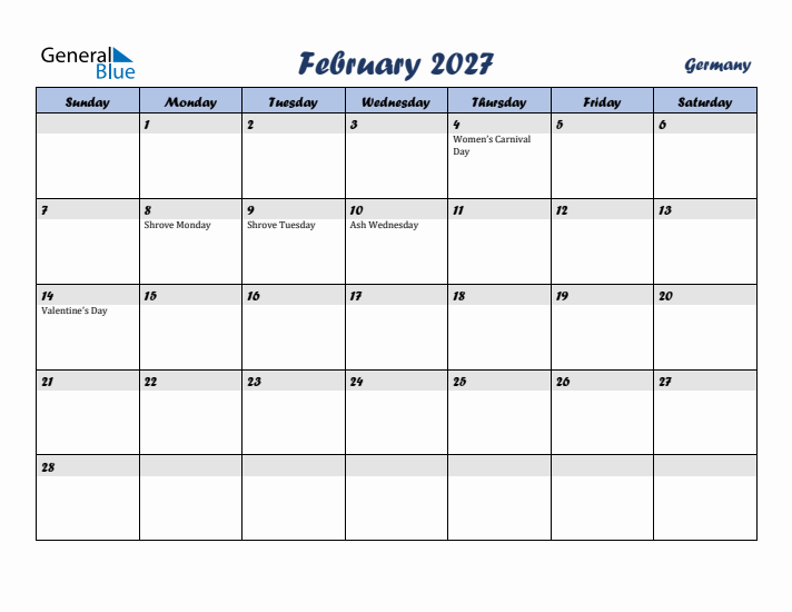 February 2027 Calendar with Holidays in Germany