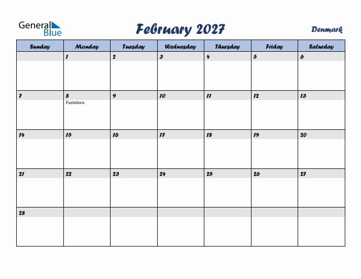 February 2027 Calendar with Holidays in Denmark