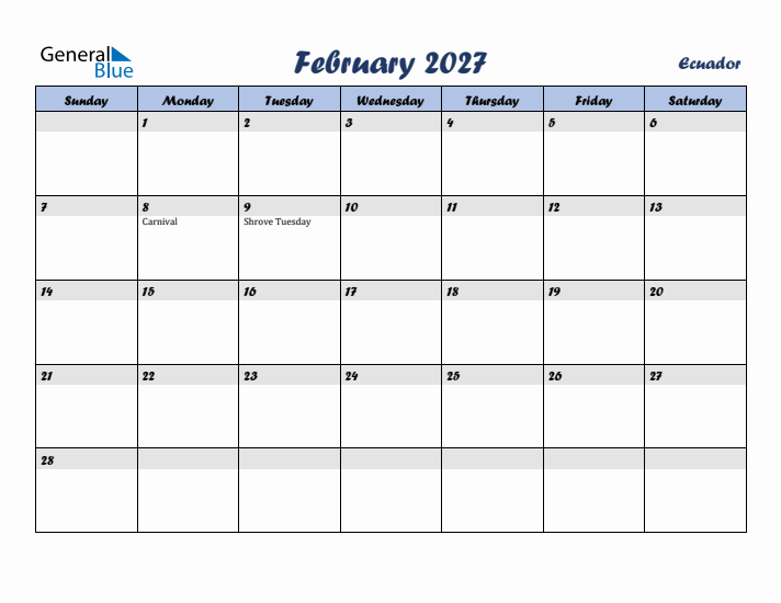 February 2027 Calendar with Holidays in Ecuador