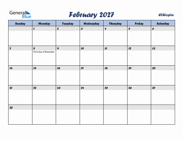 February 2027 Calendar with Holidays in Ethiopia