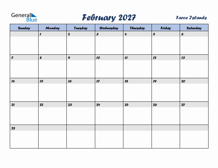 February 2027 Calendar with Holidays in Faroe Islands