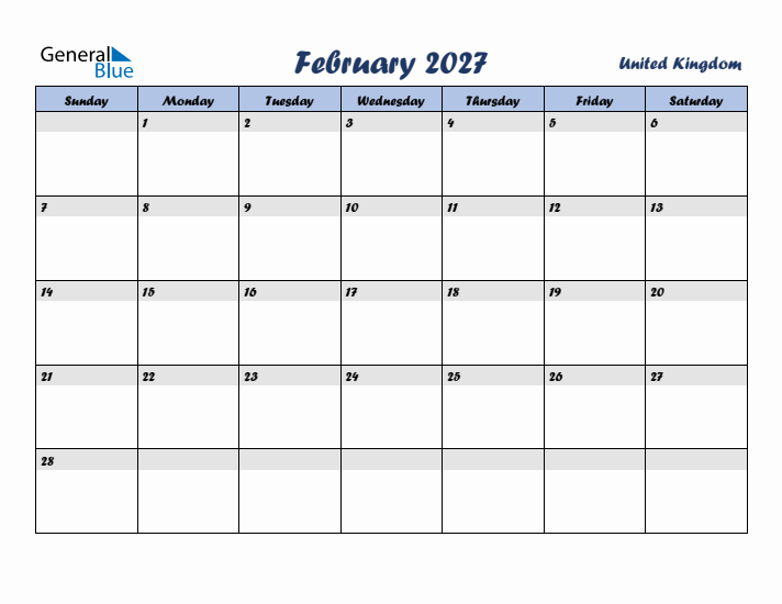 February 2027 Calendar with Holidays in United Kingdom