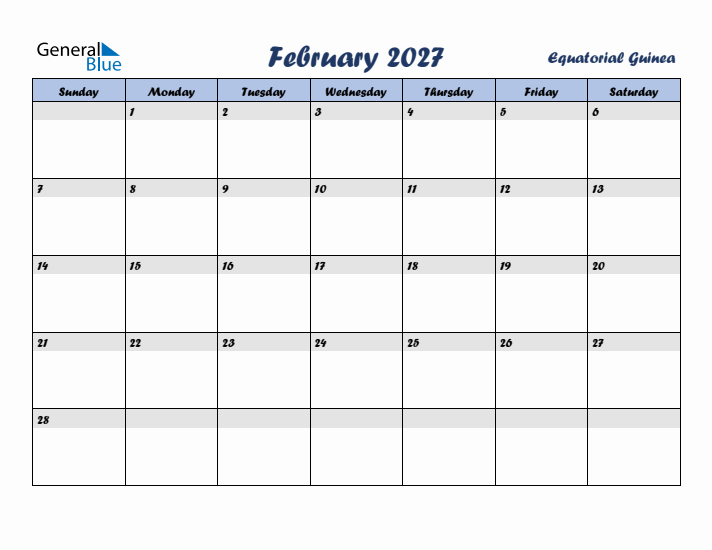 February 2027 Calendar with Holidays in Equatorial Guinea