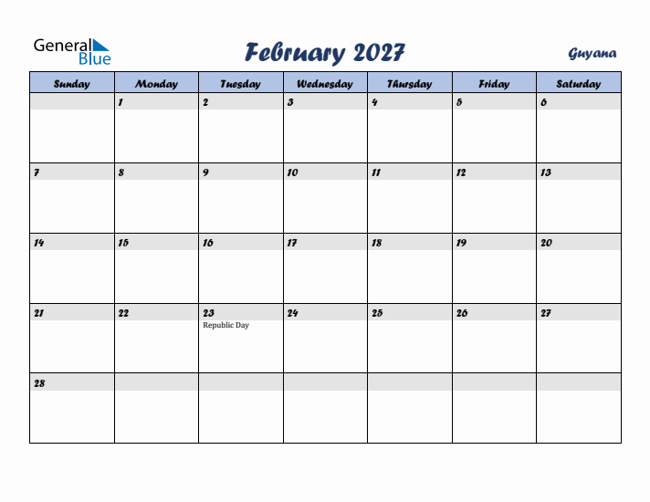 February 2027 Calendar with Holidays in Guyana