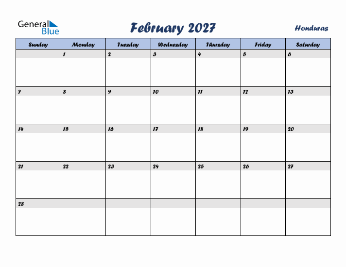 February 2027 Calendar with Holidays in Honduras