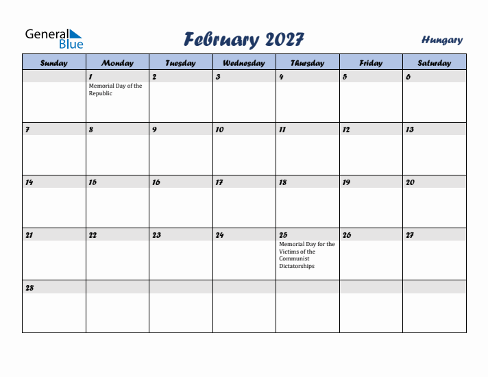 February 2027 Calendar with Holidays in Hungary