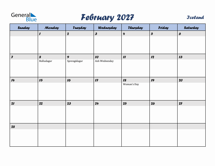 February 2027 Calendar with Holidays in Iceland