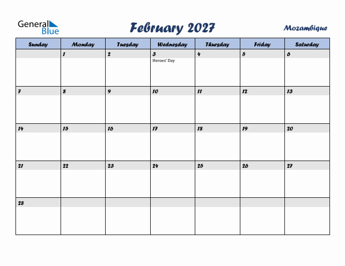 February 2027 Calendar with Holidays in Mozambique