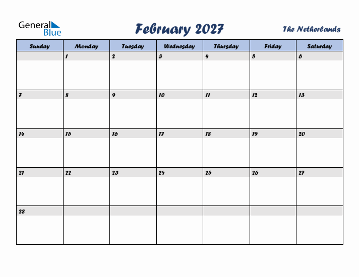 February 2027 Calendar with Holidays in The Netherlands