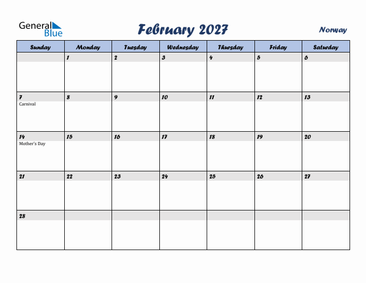 February 2027 Calendar with Holidays in Norway