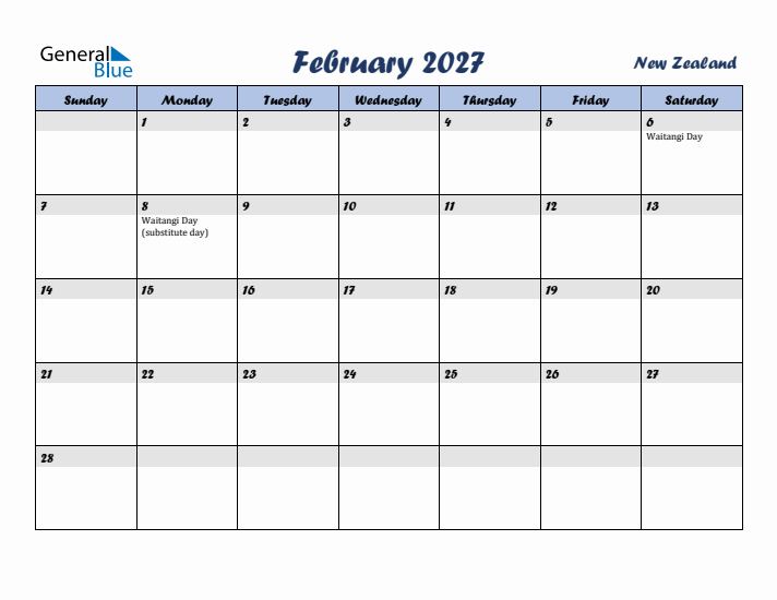 February 2027 Calendar with Holidays in New Zealand