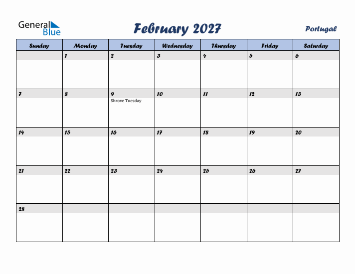 February 2027 Calendar with Holidays in Portugal