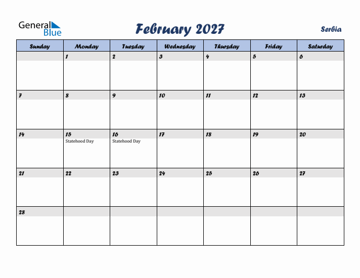 February 2027 Calendar with Holidays in Serbia