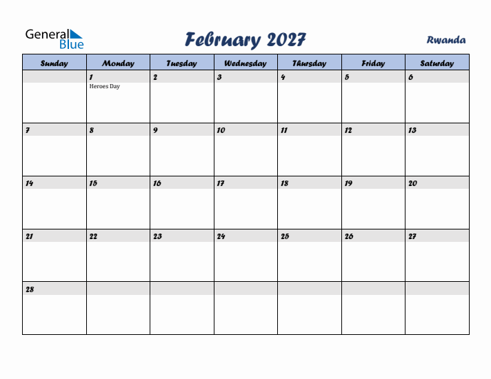 February 2027 Calendar with Holidays in Rwanda