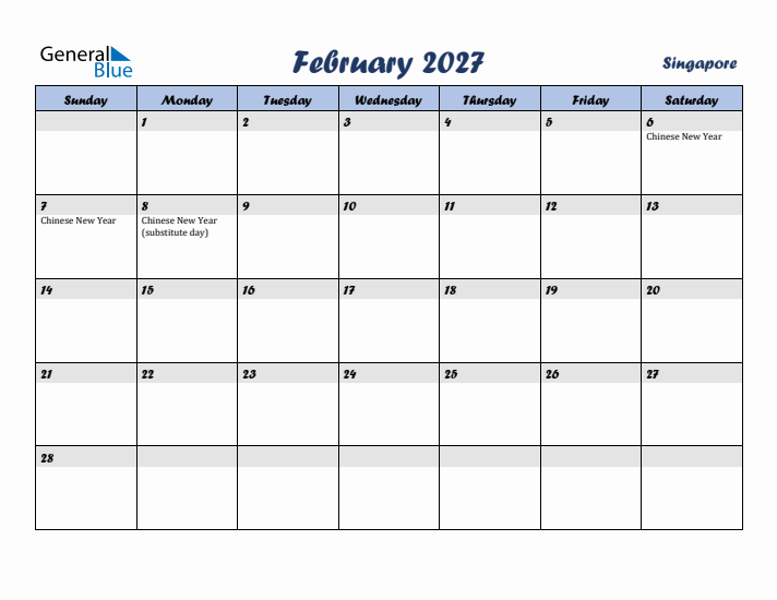 February 2027 Calendar with Holidays in Singapore