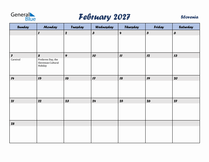 February 2027 Calendar with Holidays in Slovenia