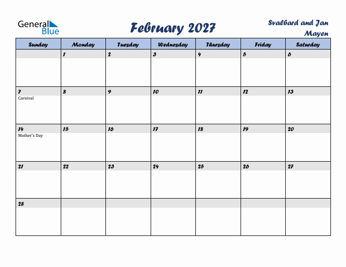 February 2027 Calendar with Holidays in Svalbard and Jan Mayen