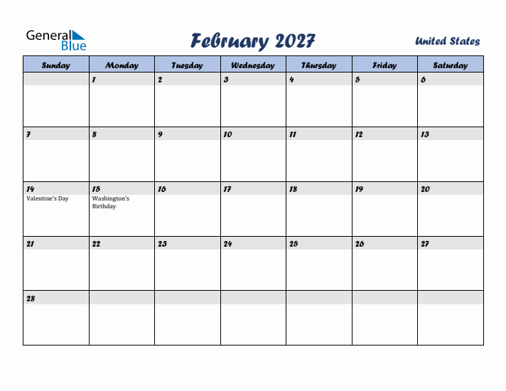 February 2027 Calendar with Holidays in United States