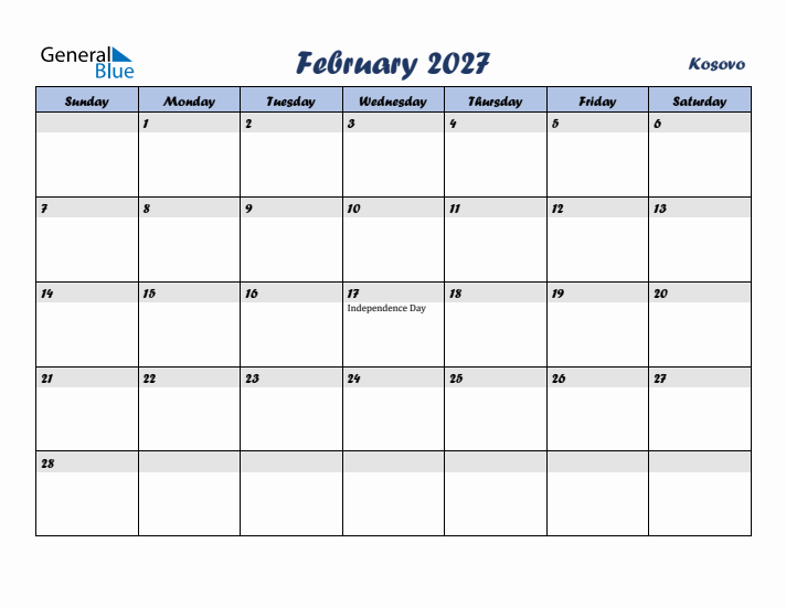 February 2027 Calendar with Holidays in Kosovo