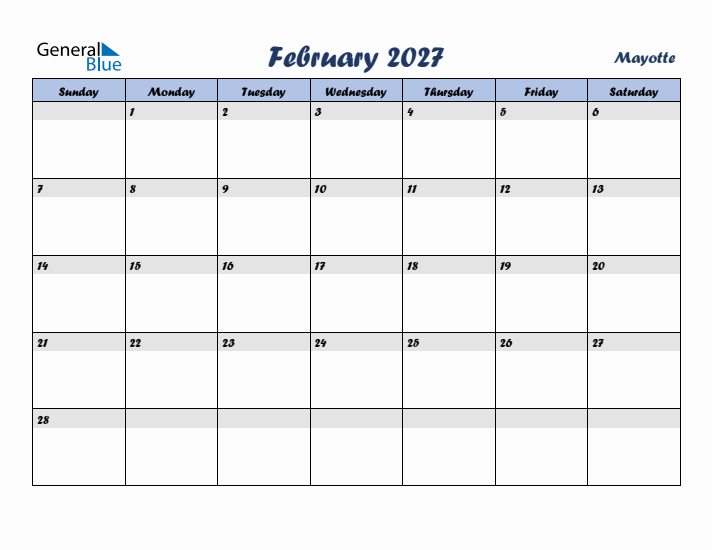 February 2027 Calendar with Holidays in Mayotte