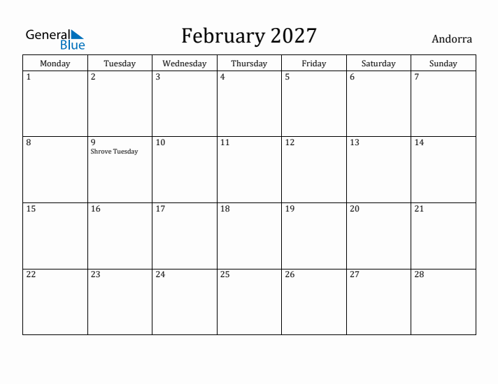 February 2027 Calendar Andorra