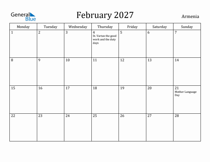 February 2027 Calendar Armenia