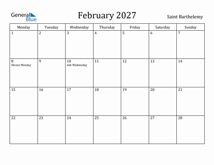 February 2027 Calendar Saint Barthelemy