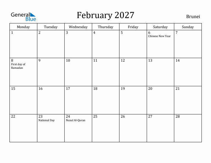 February 2027 Calendar Brunei