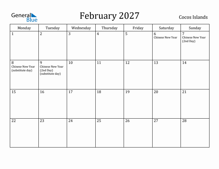 February 2027 Calendar Cocos Islands