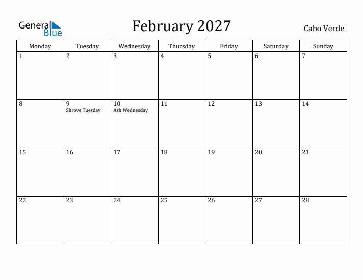 February 2027 Calendar Cabo Verde