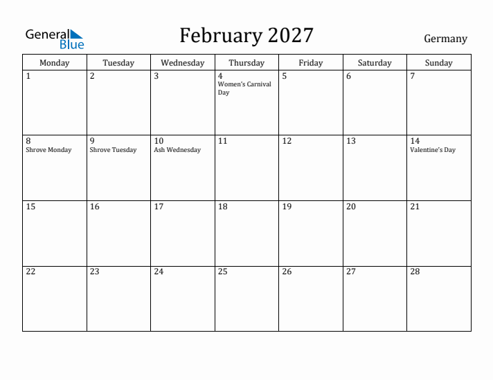 February 2027 Calendar Germany