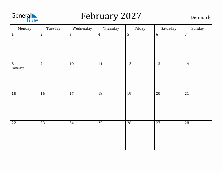 February 2027 Calendar Denmark