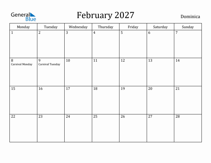 February 2027 Calendar Dominica